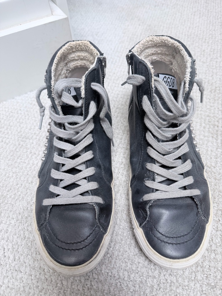 Golden Goose Black Leather High-Top Sneakers With Gray Laces